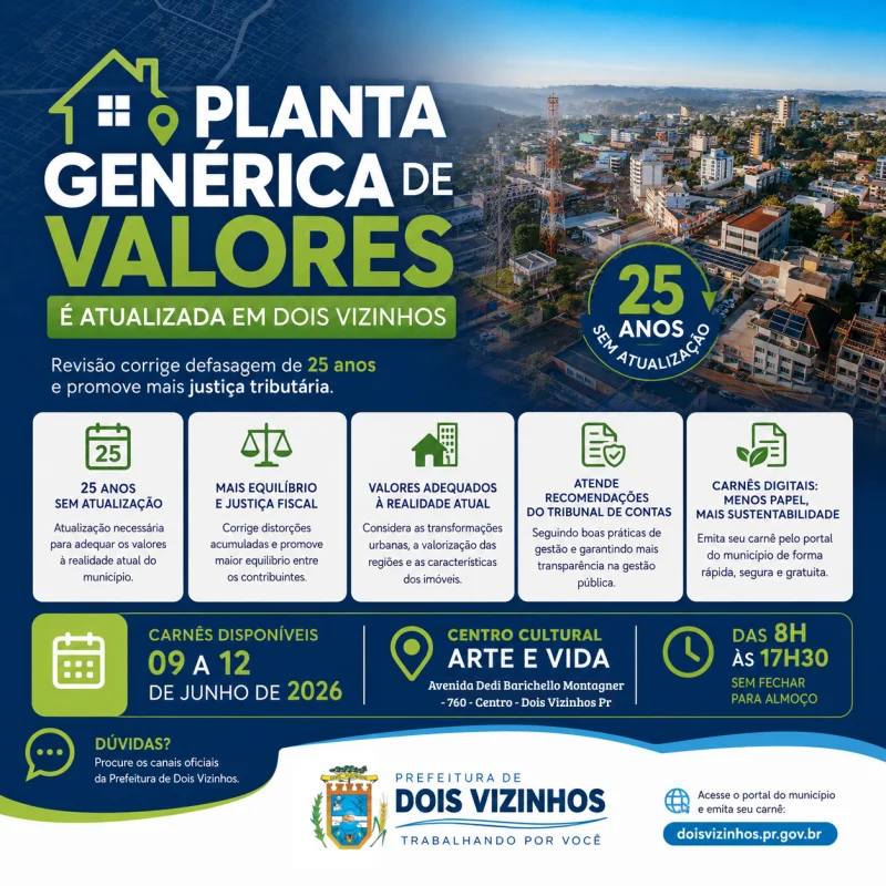DOIS VIZINHOS ATUALIZA PLANTA GEN�RICA DE VALORES AP�S 25 ANOS E MODERNIZA CADASTRO IMOBILI�RIO