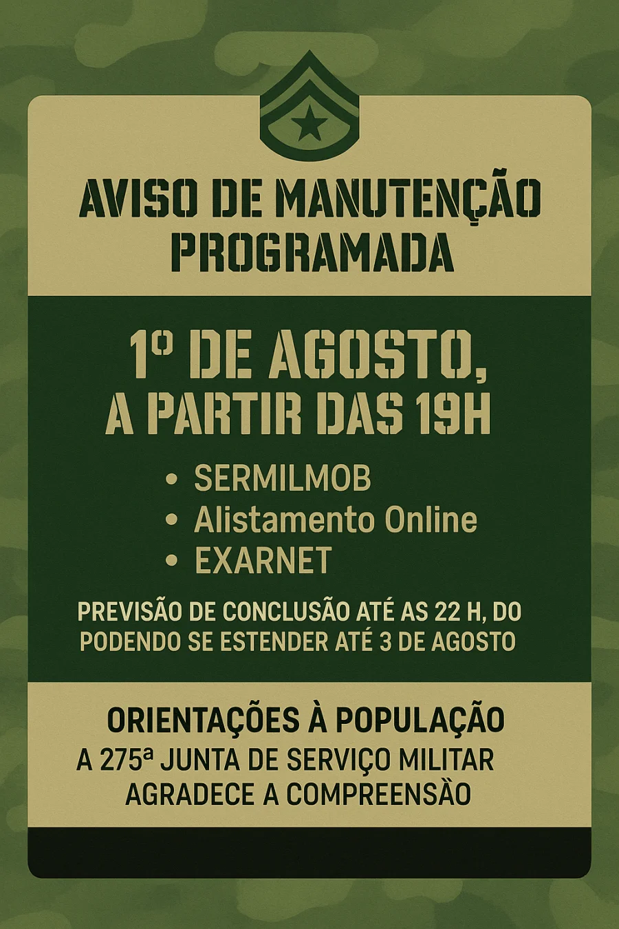 SISTEMAS DE SERVIO MILITAR PASSARO POR MANUTENO PROGRAMADA
