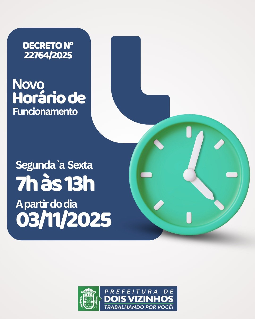PREFEITURA ADOTA NOVO HORÁRIO DE EXPEDIENTE A PARTIR DE SEGUNDA-FEIRA, 3 DE NOVEMBRO