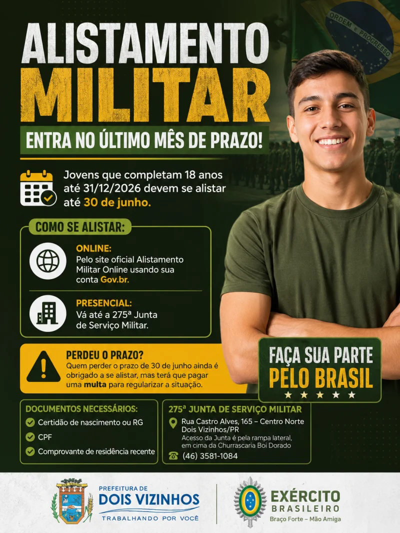 PRAZO PARA ALISTAMENTO MILITAR TERMINA EM 30 DE JUNHO