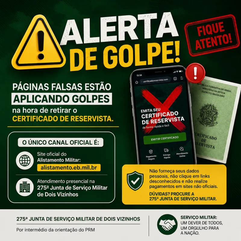 JUNTA DE SERVI�O MILITAR ALERTA PARA GOLPES EM P�GINAS FALSAS NA EMISS�O DO CERTIFICADO DE RESERVISTA