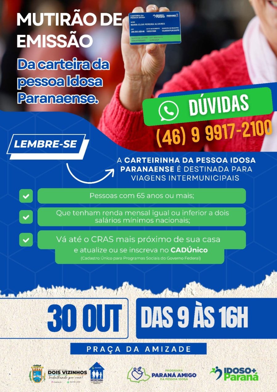 MUTIR�O VAI EMITIR CARTEIRA DA PESSOA IDOSA E OFERECER SERVI�OS GRATUITOS