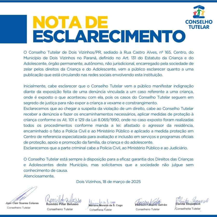 CONSELHO TUTELAR ESCLARECE SOBRE PUBLICA��O NAS REDES SOCIAIS