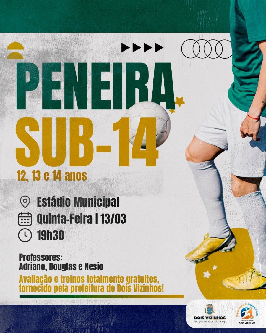 VOC� SONHA EM SER JOGADOR DE FUTEBOL? SECRETARIA DE ESPORTES PROMOVE PENEIRA SUB 14 NESTA QUINTA