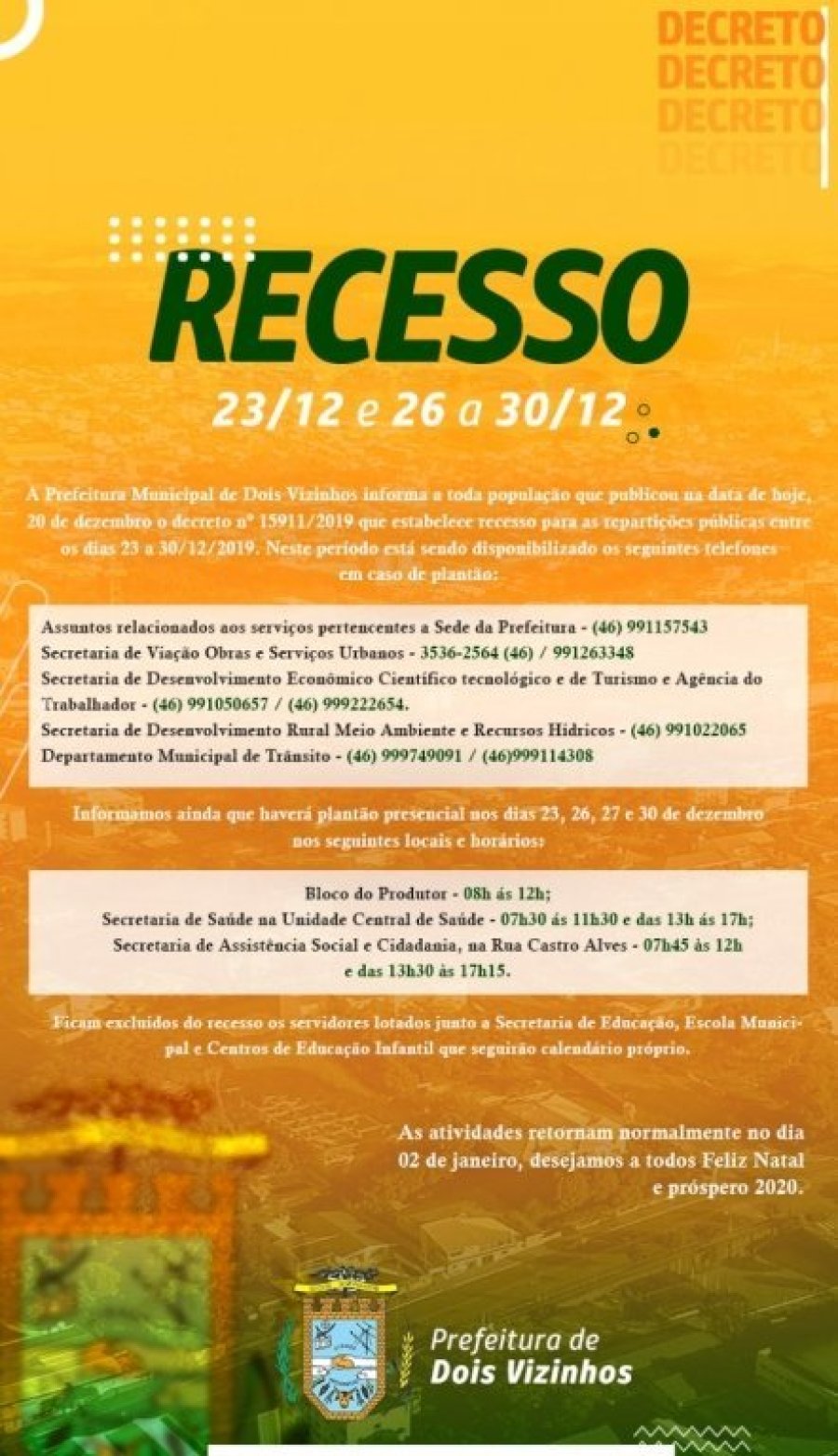 Confira Per�odo de Recesso e Telefones de Plant�o