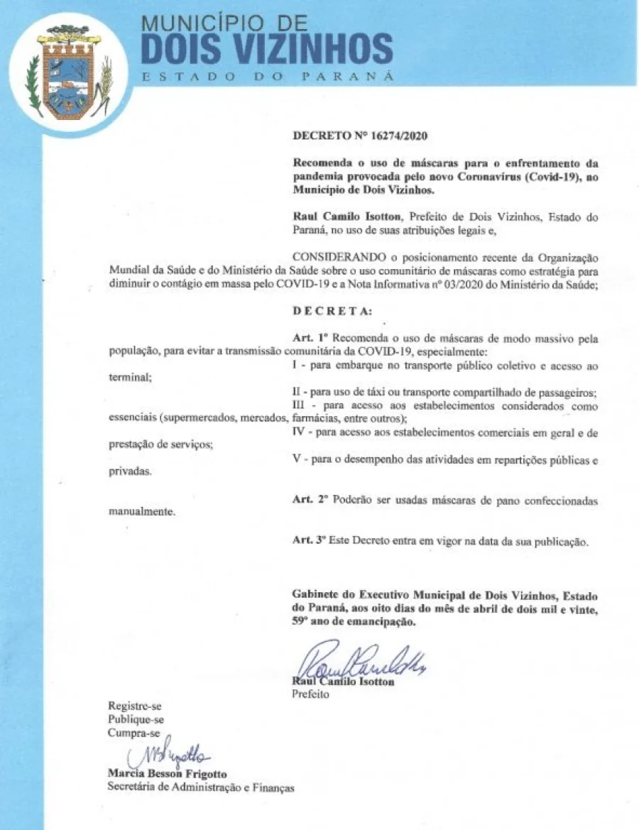 Decreto Recomenda Uso de Mscaras no Municpio de Dois Vizinhos