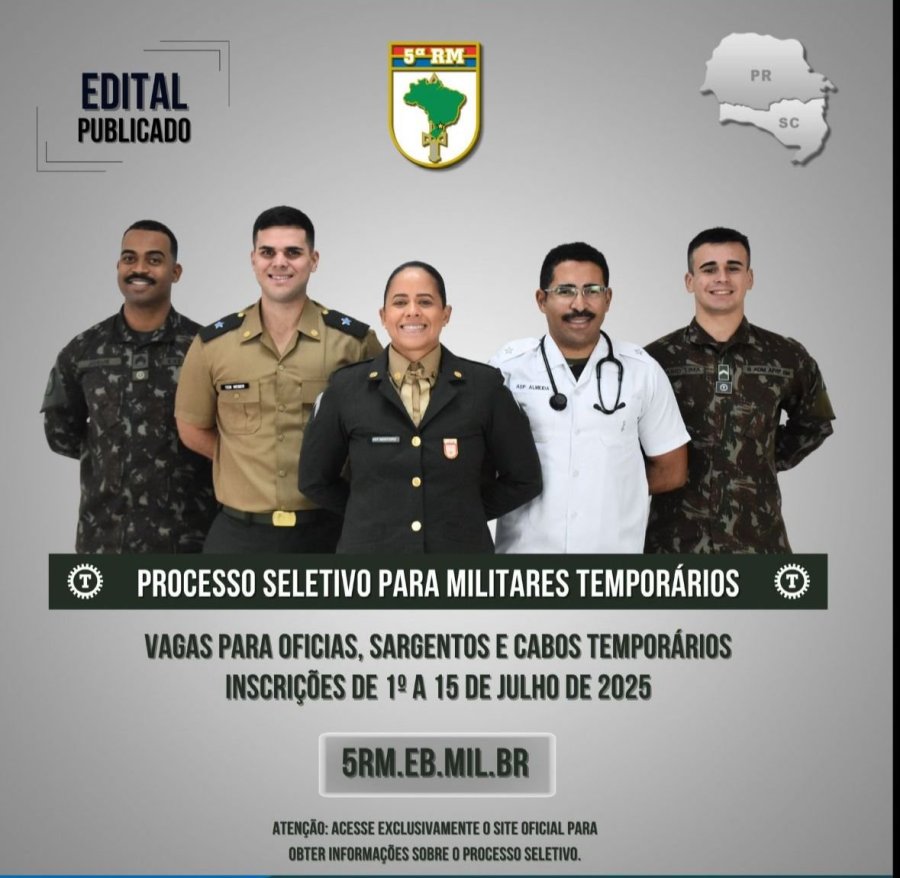 EX�RCITO ABRE SELE��O PARA OFICIAIS E SARGENTOS TEMPOR�RIOS NA 5� REGI�O MILITAR