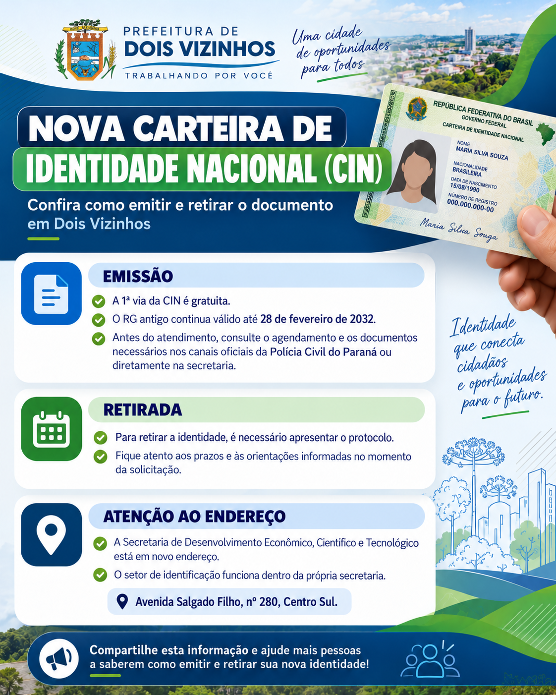 NOVA CARTEIRA DE IDENTIDADE NACIONAL: CONFIRA COMO SOLICITAR E RETIRAR O DOCUMENTO EM DOIS VIZINHOS