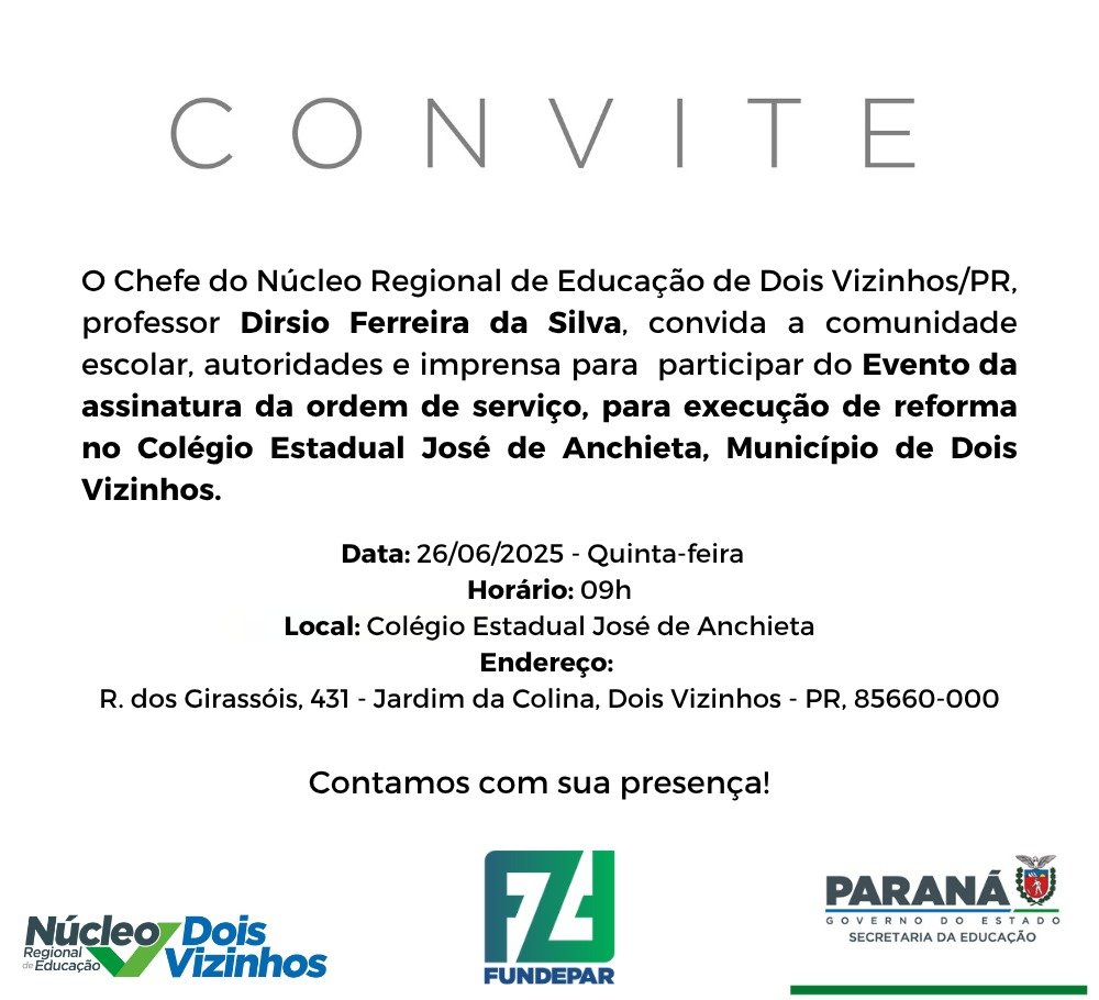 PREFEITURA CONVIDA POPULAÇÃO PARA ASSINATURA DA ORDEM DE SERVIÇO DE REFORMA DO COLÉGIO ESTADUAL JOSÉ DE ANCHIETA