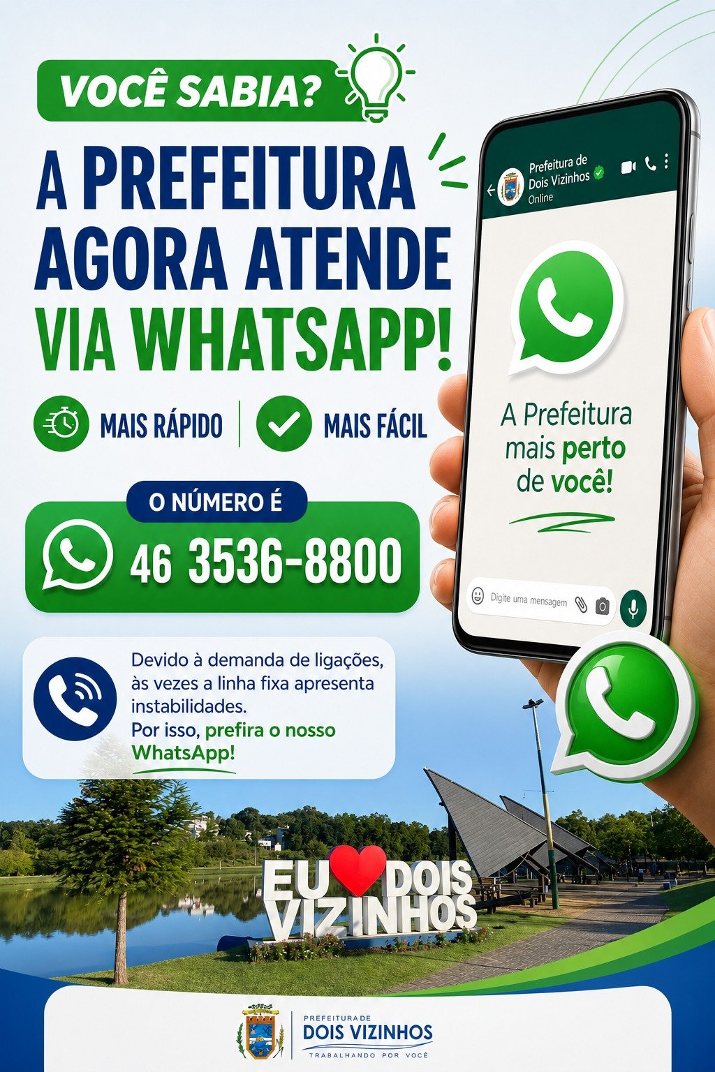 PREFEITURA DE DOIS VIZINHOS DISPONIBILIZA WHATSAPP PARA AMPLIAR COMUNICA��O COM A POPULA��O