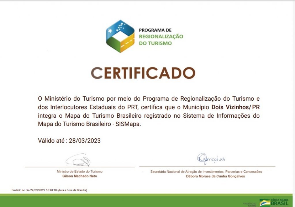 Dois Vizinhos Recebe Certificado do Ministrio do Turismo